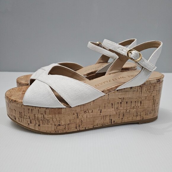 NEW Stuart Weitzman Carmen Midi Wedge Sz 9.5 Sandal Platform White Leather Cork - Picture 1 of 14